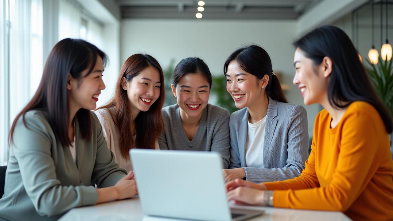 환하게 웃으며 서로 협력하는 다양한 연령대의 한국 여성 전문가들. 미래지향적이고 현대적인 사무실 환경.